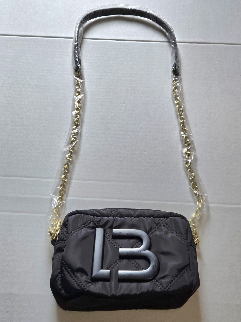 Bimba Y Lola Black Quilted LB Logo Small Crossbody Bag Gold Chain Zip Strap